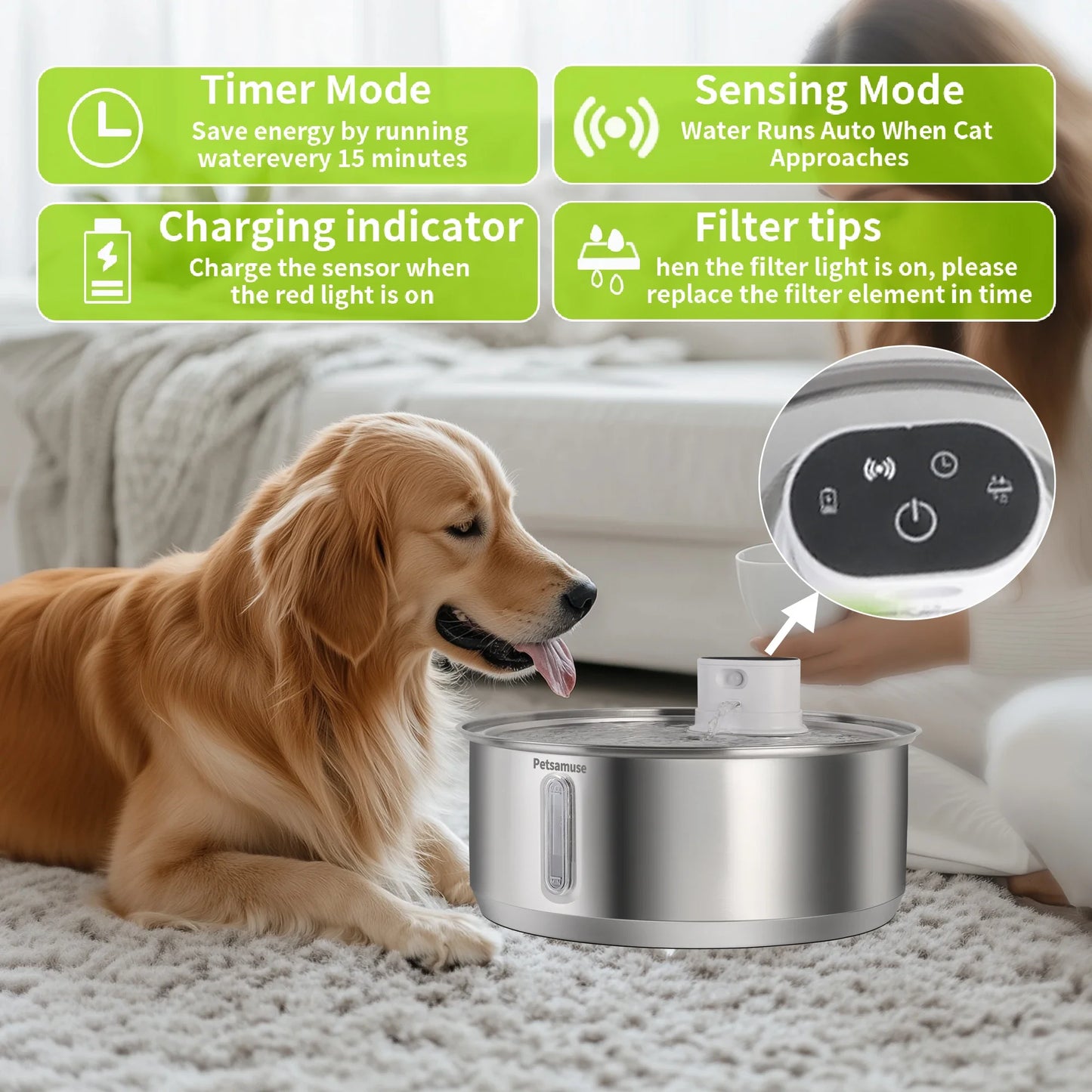 8L Wireless Stainless Steel Dog Water Fountain