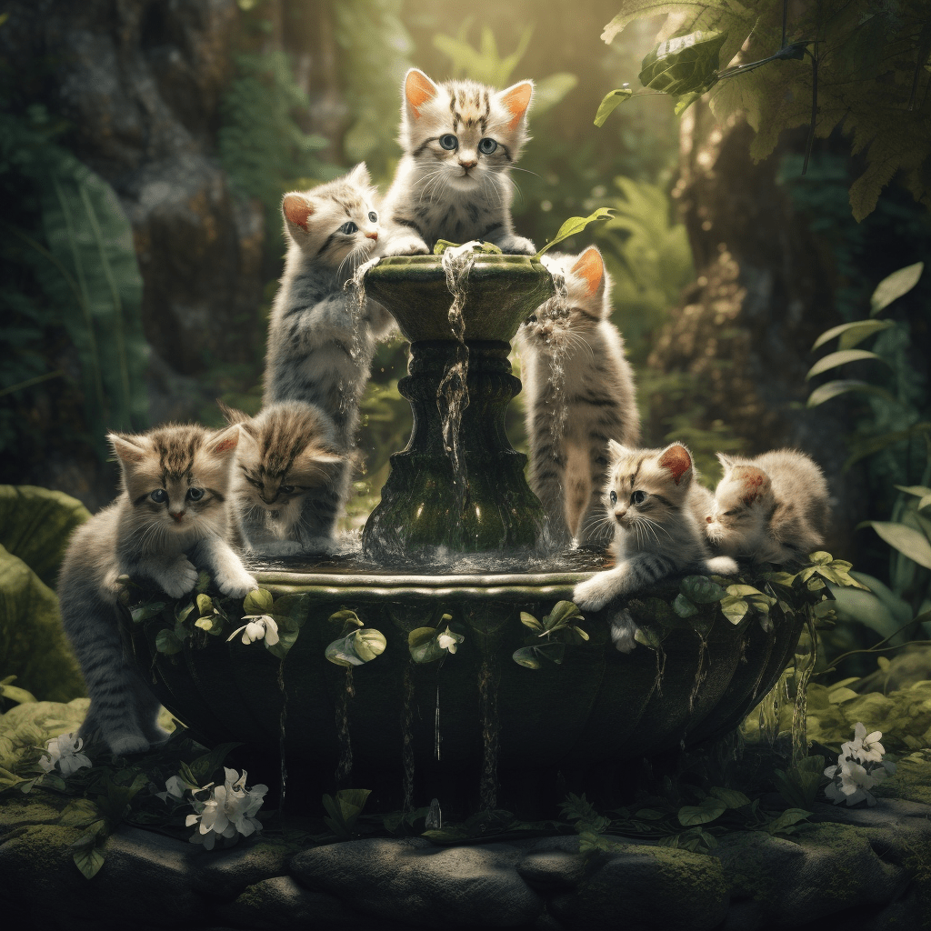kittens at water fountain in jungle